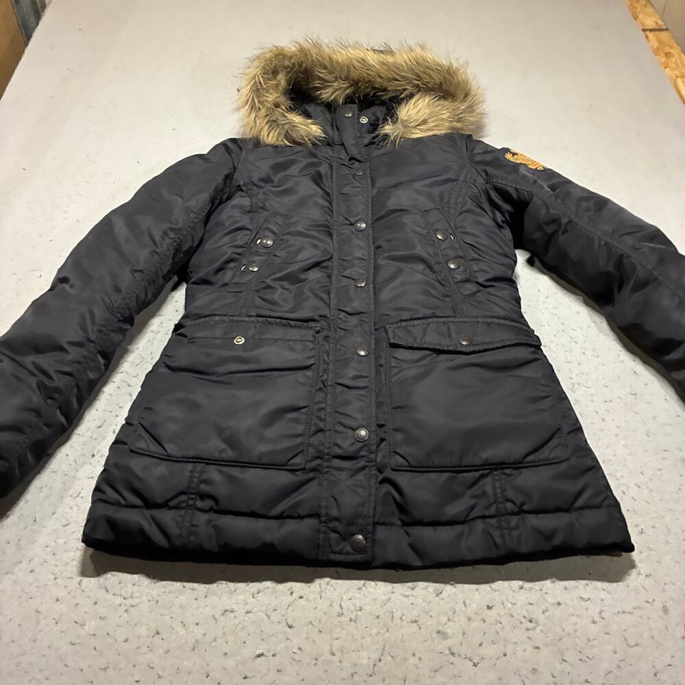 Vintage Polo Jeans Company Down Ski Jacket Womens XS Black Faux Fur